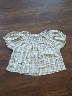 THE GREAT Pastel Plaid Smocked Peasant Top Size 1 Cream, Blue, Pink Boho Coastal